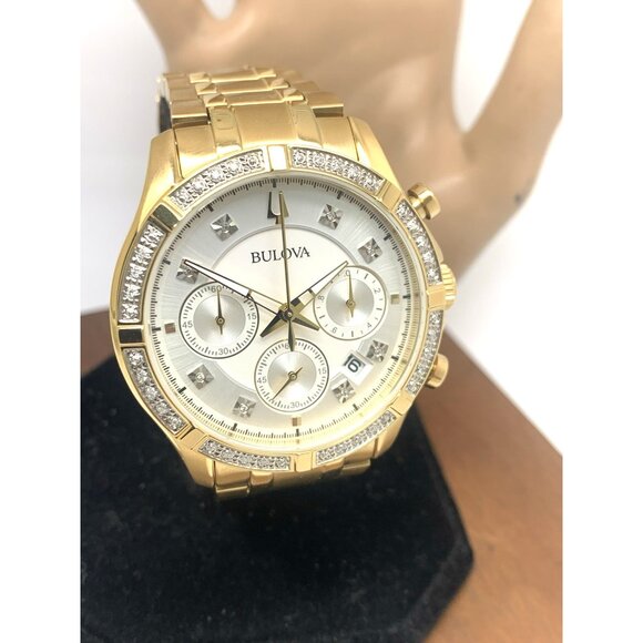 Bulova Men's Watch 98E113 Quartz Chronograph Diamond Slver Dial Gold Steel 42mm - Picture 14 of 15